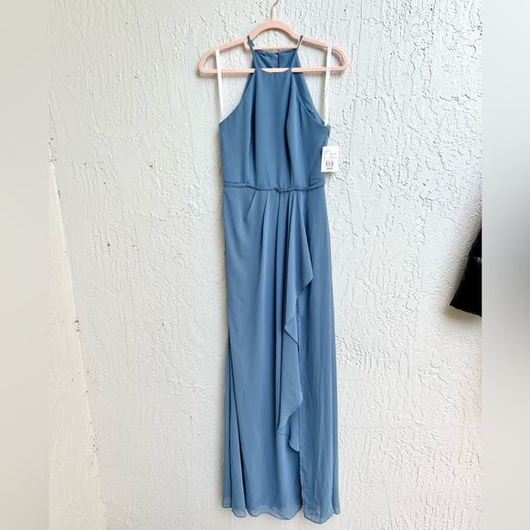 David’s Bridal High neck chiffon bridesmaid dress maxi steel blue 2 new - Picture 4 of 11